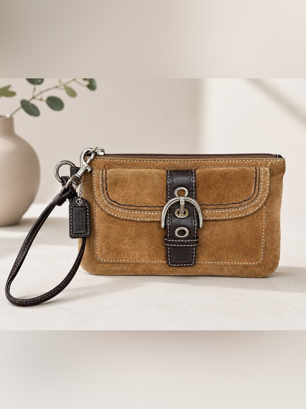 Coach Tan Suede Wristlet with Dark Brown Leather Trim